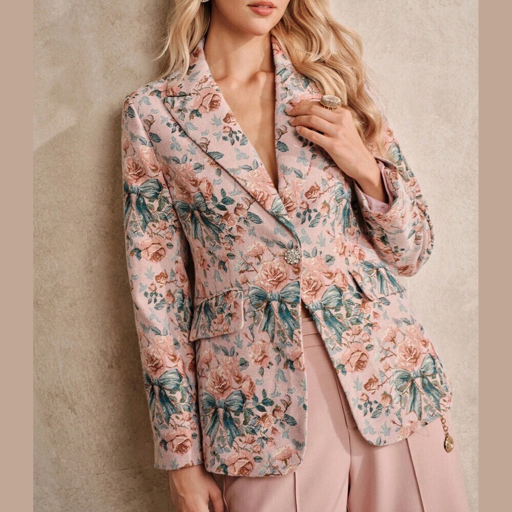 Blush Pink Floral Tapestry Jacquard Notch Lapel Single Button Blazer